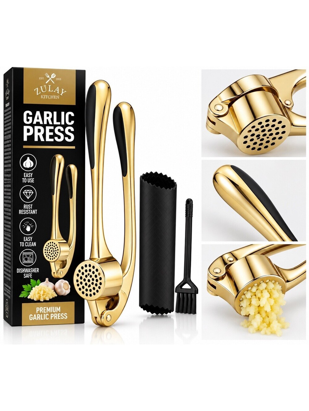 🧄 Zulay Kitchen Garlic Press – Gold – Peeler & Cleaning Brush – New
